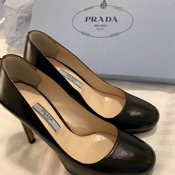 Prada Platform Shoes - Black Textured Leather - Size US 5/UK35 - Picture 1 of 10